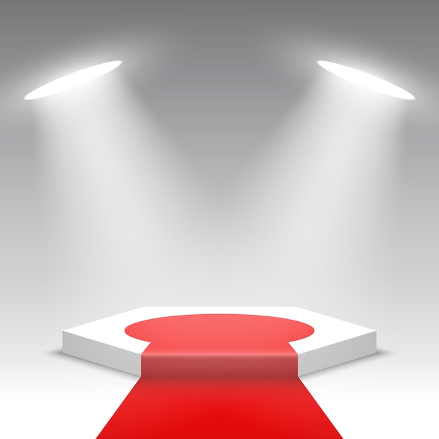 Escenario para entrega de premios. Podio blanco con alfombra roja. Pedestal. Escena hexagonal .