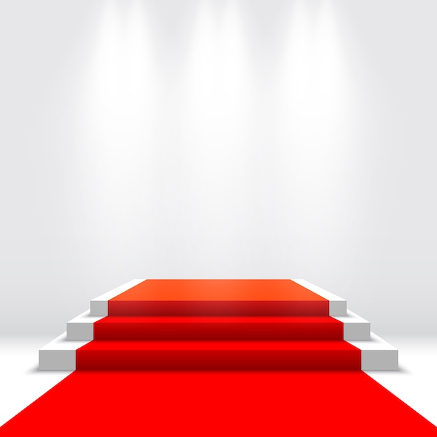 Escenario para entrega de premios. Podio blanco con alfombra roja. Pedestal. ilustración.