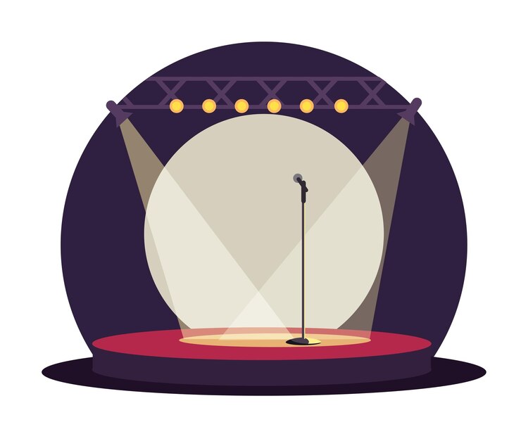 Escenario para espectáculos de talentos o conciertos en vivo podio redondo bajo el foco del proyector Canción música baile o comedia standup área de entretenimiento artístico