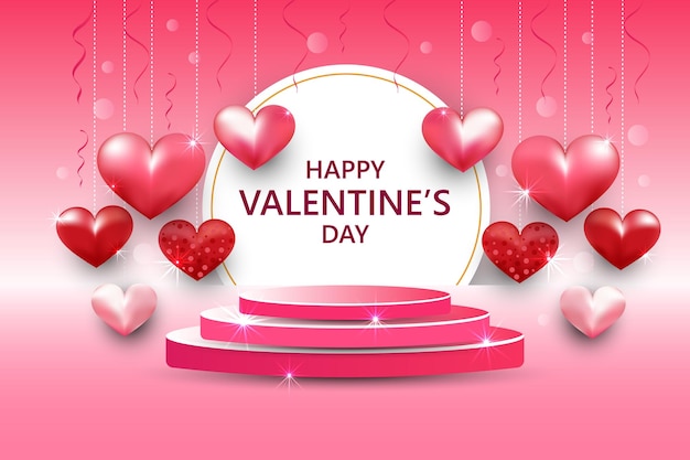 El escenario feliz, el corazón, el escenario, la escena del podio, el corazón rojo, el fondo del día de San Valentín.