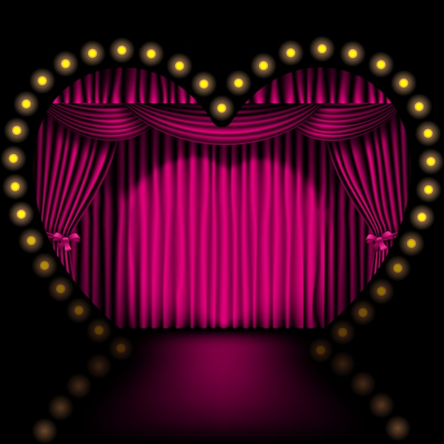 Vector escenario en forma de corazón con cortina rosa y luces.