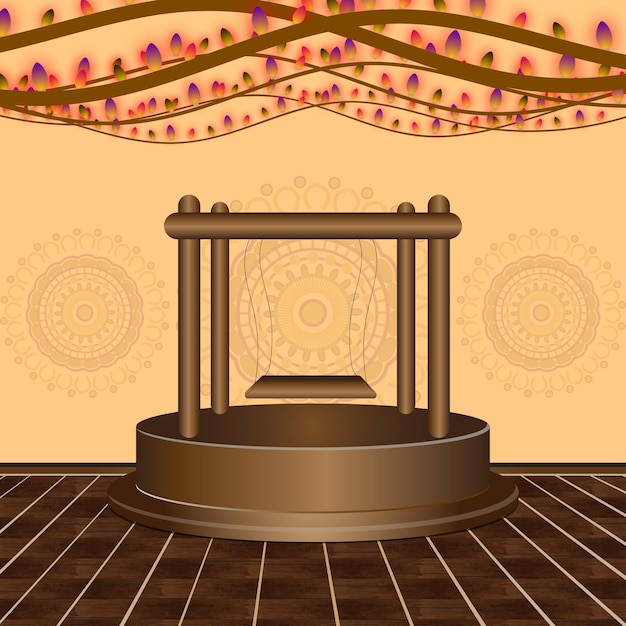 Vector escenario de henna decorativo marrón, ilustración de escenario de boda, escenario de evento con luces bokeh, decorativo