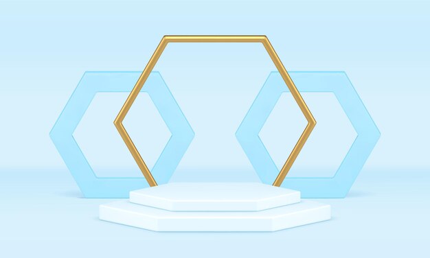 El escenario hexagonal, el premio, el podio de la arena, la presentación del producto, el fondo del estudio en 3D, el vector realista.