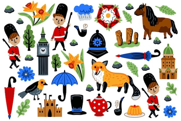 El escenario de Londres Reino Unido Iconos de dibujos animados Diseño Viaje Concepto Vector