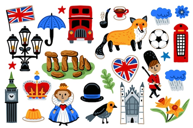 El escenario de Londres Reino Unido Iconos de dibujos animados Diseño Viaje Concepto Vector