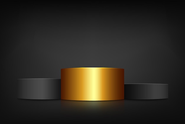 Escenario minimalista para exhibir sus productos Cilindro de pedestal negro y dorado en 3D sobre un fondo oscuro Plataforma o podio