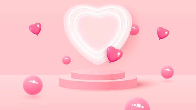 Escenario minimalista con podio cilíndrico rosa, marco en forma de corazón y globos voladores en forma de corazón. Bolas rebotando. Escenario para demostración de producto, escaparate. ilustración vectorial