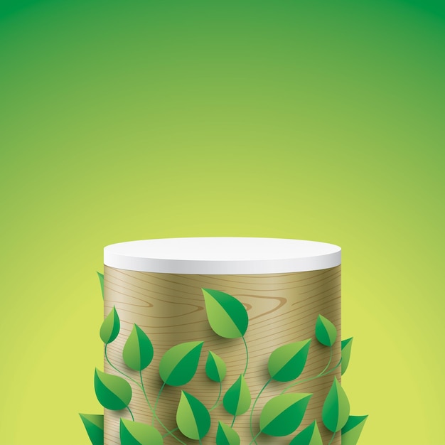 Un escenario natural abstracto con una columna de madera cubierta de hojas verdes. Soporte de exhibición estético de forma ovalada con un escritorio de cubierta blanca y espacio libre para la colocación de un objeto, producto o texto.
