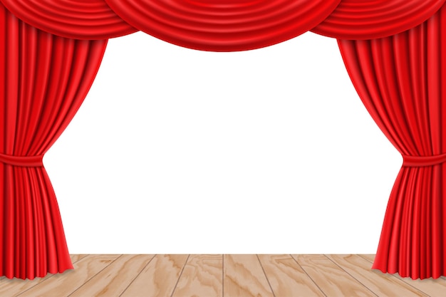 Escenario con piso de madera y cortinas rojas para el teatro o la escena de la ópera telón de fondo concierto gran inauguración o estreno de cine Cortinas Portiere para la ceremonia Plantilla de diseño de vector 3d realista