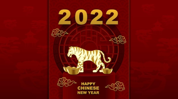 Escenario del podio para el año nuevo chino con arte y artesanía de papel rojo cortado