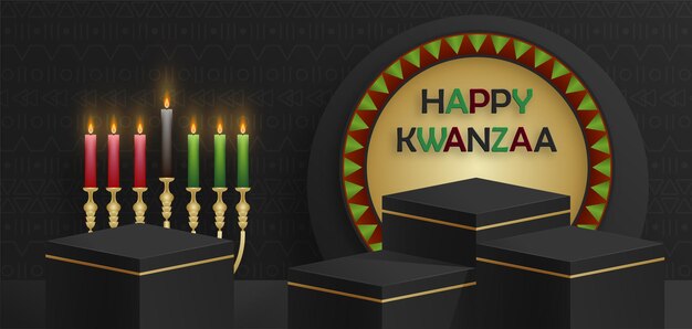 Escenario de podio cuadrado 3D para tarjeta Happy Kwanzaa con símbolos agradables y creativos sobre fondo de color