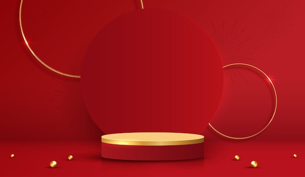 Escenario de podio estilo chino para el año nuevo chino y festivales o festival de mediados de otoño con fondo rojo escenario simulado con linternas festivas y diseño de vectores de nubes