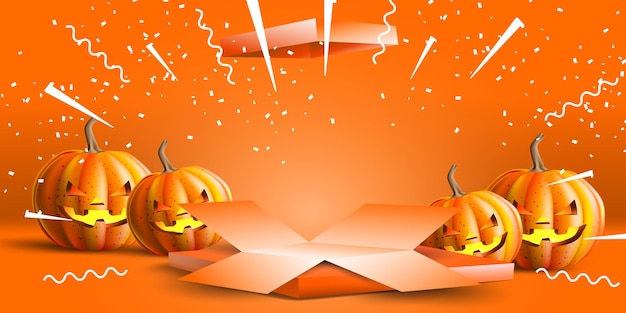 Escenario de podio de halloween con caja abierta para evento o banner