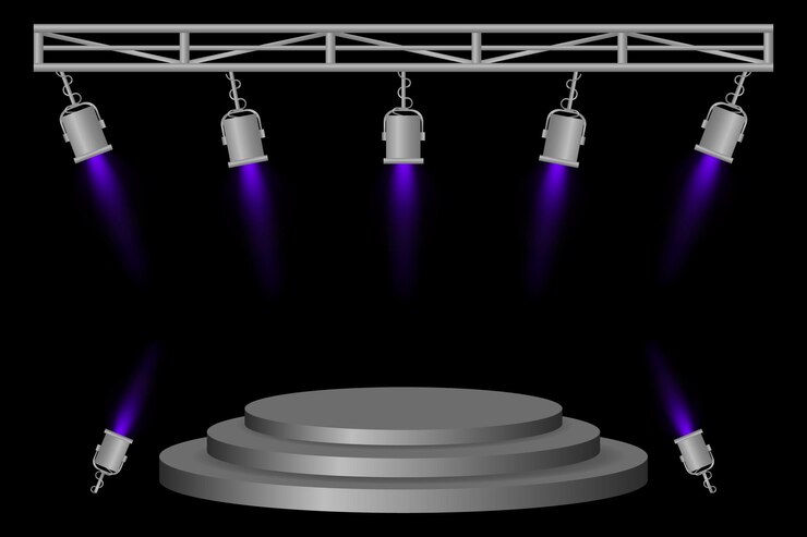 Vector el escenario, el podio, la plataforma gris, los focos púrpuras, el marco metálico, las lámparas colgantes, la iluminación del evento, el fondo oscuro, el área de presentación, la configuración de la actuación, el diseño del teatro, la preparación del concierto.