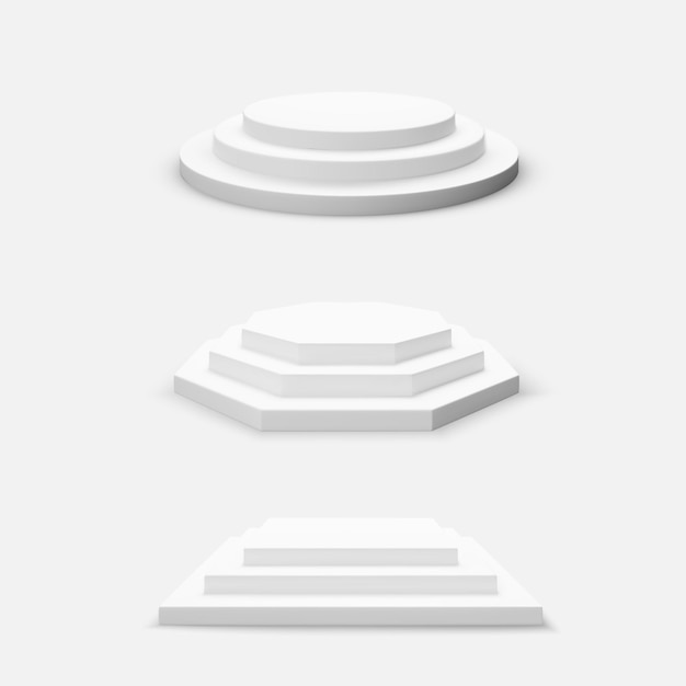 Escenario redondo hexagonal y cuadrado. Conjunto de podios vacíos aislado sobre fondo blanco. Ilustración vectorial