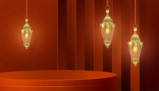 Escenario redondo de podio 3d islámico para Eid Mubarak Ramadan Kareem Muharram Iftar sobre fondo de color