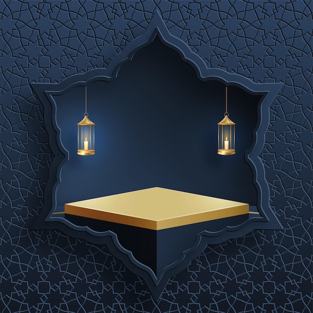 Vector escenario redondo de podio 3d islámico para eid mubarak ramadan kareem muharram iftar sobre fondo de color