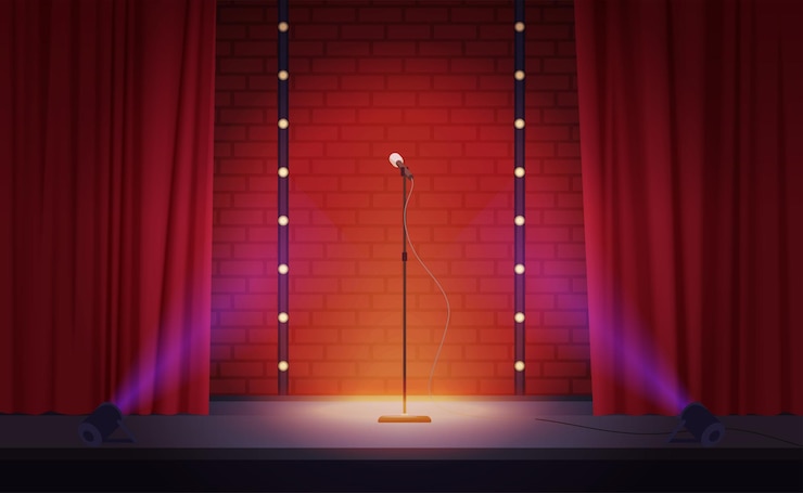 Vector escenario de teatro con cortinas rojas abiertas y foco de micrófono para espectáculo de comedia
