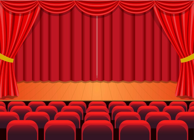 Escenario de teatro dramático con cortina roja glamurosa y espectáculo de diseño vectorial