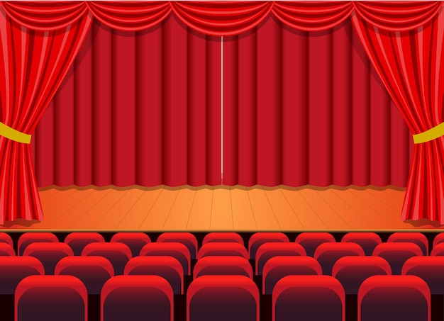 Escenario de teatro dramático con cortina roja glamurosa y espectáculo de diseño vectorial