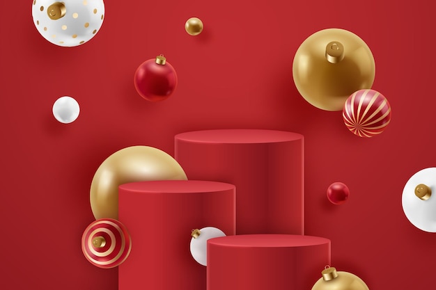 Escenario de tres podios rojos en blanco con bolas de Navidad Decoración de tema navideño