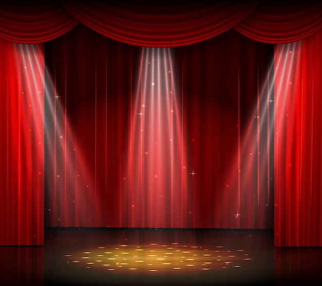 Vector escenario vacío con cortina roja y foco en piso de madera