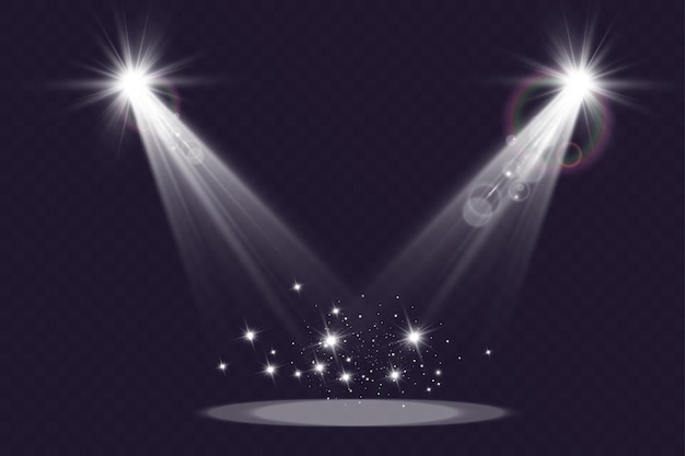 Escenario vacío con focos Dispositivos de iluminación sobre un fondo transparente