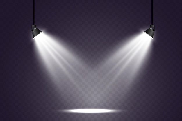 Escenario vacío con focos Dispositivos de iluminación sobre un fondo transparente