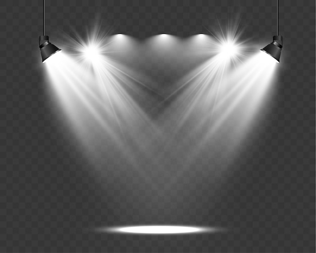 Escenario vacío con focos Dispositivos de iluminación sobre un fondo transparente