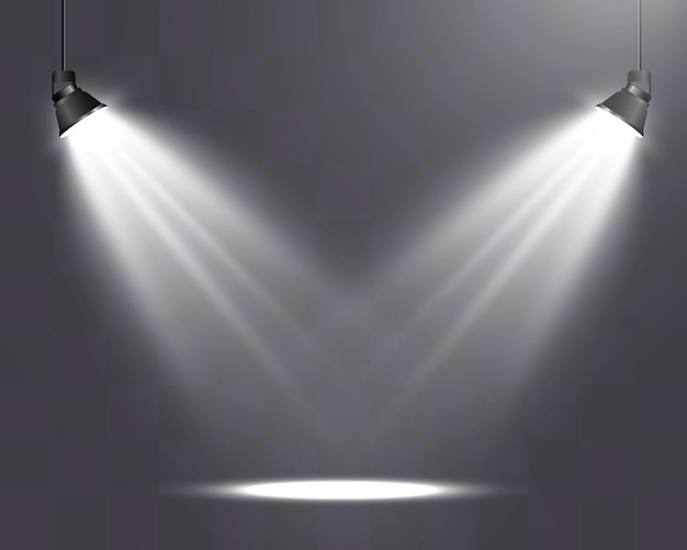 Escenario vacío con focos Dispositivos de iluminación sobre un fondo transparente