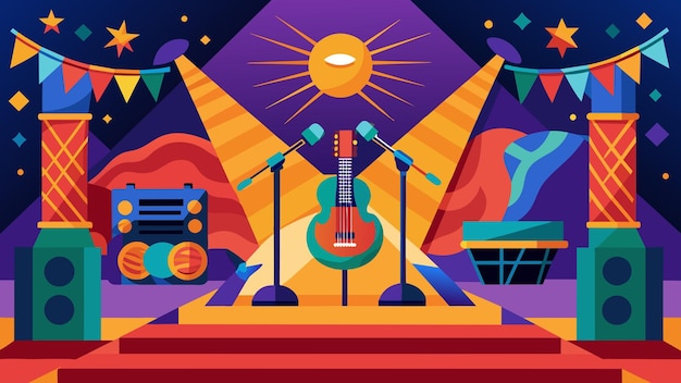 Vector un escenario vibrante y colorido adornado con instrumentos musicales y micrófonos listos para celebrar el