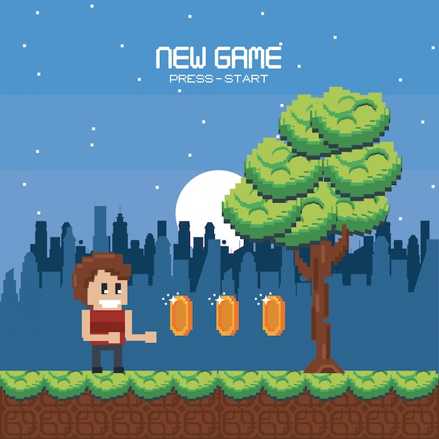 Escenario de videojuegos urbanos pixelados.
