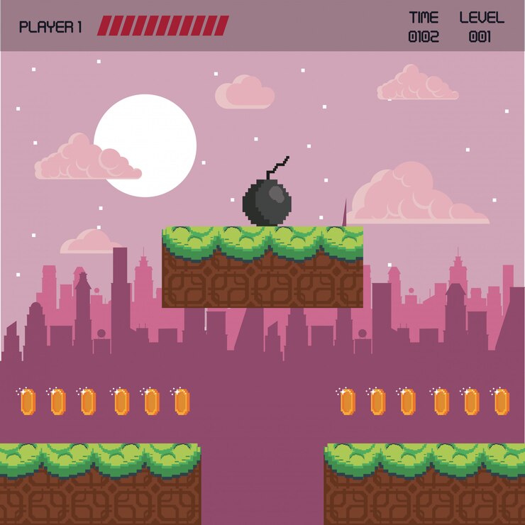 Vector escenario de videojuegos urbanos pixelados.