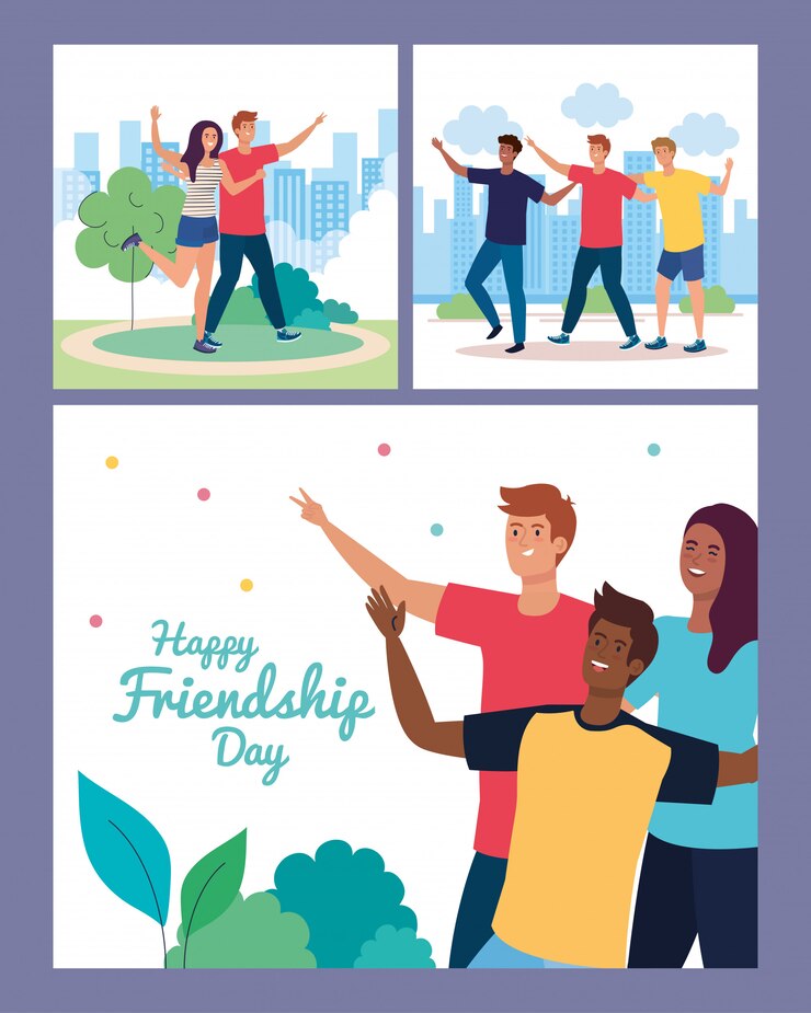 Vector escenarios de personajes felices, jóvenes, entusiasmo por la amistad, risas alegres de la felicidad.