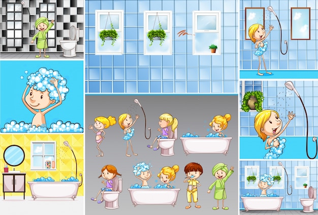 Vector escenas de baño con niños haciendo diferentes actividades