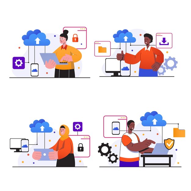 Las escenas del concepto de computación en la nube establecen a las personas con computadoras portátiles o teléfonos inteligentes que utilizan el almacenamiento en la nube