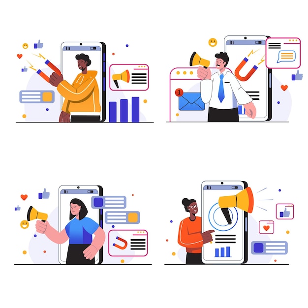 Las escenas del concepto de marketing en redes sociales establecen que las personas realizan campañas publicitarias en las redes sociales