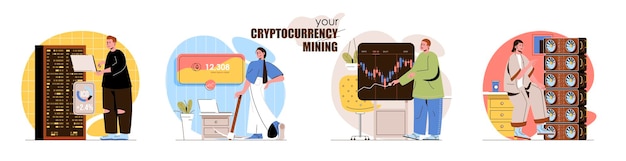 Escenas de concepto de minería de criptomonedas establecen granjas mineras de Bitcoin, comercio de tecnología de dinero digital en moneda de mercado Colección de actividades de personas