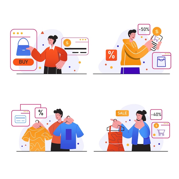 Las escenas de concepto de personas de compras establecen que los clientes eligen ropa en el sitio web de la tienda compran a precio de descuento