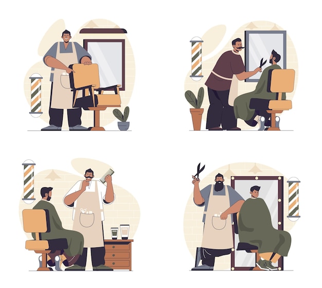Escenas conceptuales de barbería ambientadas en diseño web plano Gente en situaciones de corte de pelo y peinado peluqueros afeitando barba y bigotes haciendo tratamiento de atención al cliente Ilustraciones vectoriales