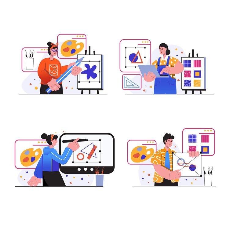 Vector las escenas conceptuales del estudio de diseño establecen que las personas trabajan en diseñadores de agencias creativas haciendo dibujos