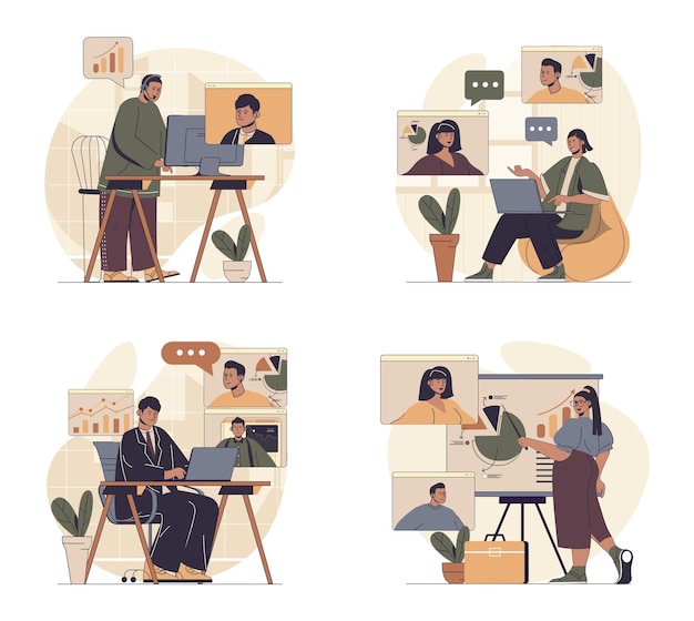 Escenas conceptuales de videoconferencias de negocios ambientadas en diseño web plano Personas en situaciones de trabajo remoto en un proyecto global que se conectan en línea para obtener informes y tareas Ilustraciones vectoriales
