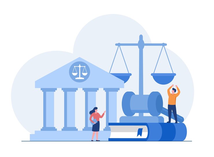 Vector escenas de derecho y justicia abogado consultor cliente juez golpeando con martillo de madera concepto de asesoramiento legal banner de ilustración de vector plano