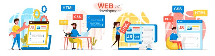 Vector escenas de desarrollo web ambientadas en estilo plano.