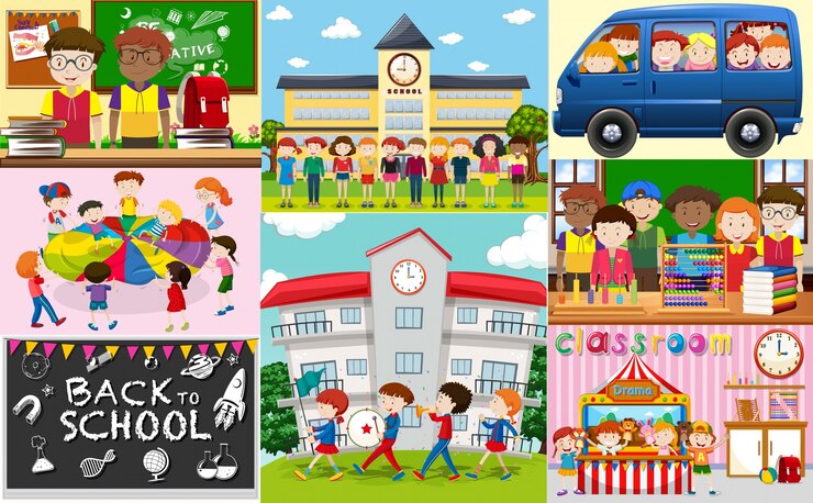 Vector escenas de la escuela con los estudiantes y las aulas