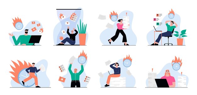 Escenas de fecha límite con gente de negocios de oficina Planificación de cronograma gráfico en calendario marcado Personajes molestos mala gestión concepto vectorial sapid de fecha límite e ilustración de cronograma de organización
