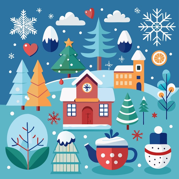 Escenas festivas del País de las Maravillas de Invierno con casas de árboles nevados y té