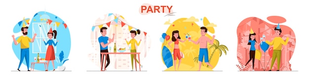 Vector escenas de fiesta ambientadas en estilo plano.