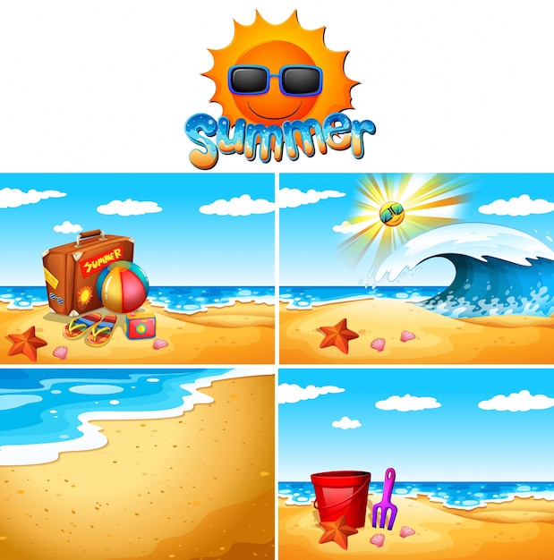 Vector escenas de fondo con playa y océano