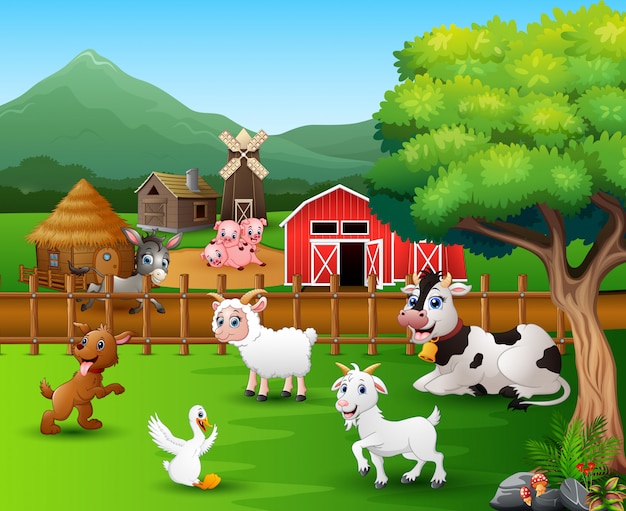 Escenas de granja con diferentes animales en el corral.